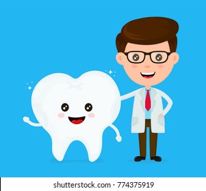 Cute funny smiling dentist and healthy happy tooth.Healthcare,medical,friends,doctor.teeth concept. Vector flat cartoon character icon design. Isolated on white background