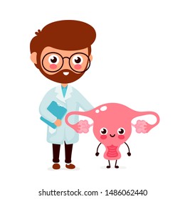 Cute funny smiling doctor gynecologist and healthy happy uterus.Healthcare,medical help. Vector flat cartoon character icon design. Isolated on white background. Doctor and utrus friends concept