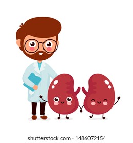 Cute funny smiling doctor nephrologist and healthy happy kidneys. Healthcare,medical help. Vector flat cartoon character icon design. Isolated on white background. Doctor and kidneys friends concept