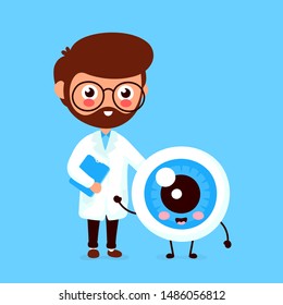Cute funny smiling doctor oculist and healthy happy eyeball.Healthcare,medical help. Vector flat cartoon character icon design. Isolated on white background. Doctor and eye friends concept