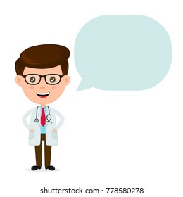 Cute funny smiling doctor with speaking bubble.Healthcare,medical,doctor concept. Vector flat cartoon character icon design. Isolated on white background