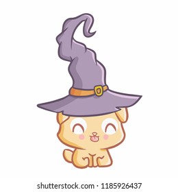 Cute and funny smiling dog wearing witch hat for Halloween - vector.