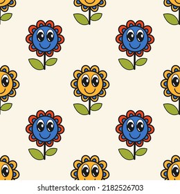 Cute graciosa sonriente flor facial sobre fondo claro patrón sin fisuras. Diseño de ilustraciones de personajes de dibujos animados.