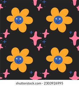 Cute funny smiling face flowers on black background seamless pattern. Vector cartoon kawaii character illustration design.