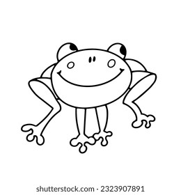 Cute funny smiling frog for design. Drawing cartoon animal character for kids worksheet, book, game, poster. Vector illustration. Black outline drawing on white background.  