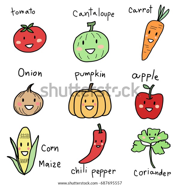 Cute Funny Smiling Fruit Vegetable Icons Stock Vector (Royalty Free ...