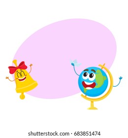 Cute and funny smiling globe and golden bell characters, back to school concept, cartoon vector illustration with space for text. Happy school bell and globe characters, mascots