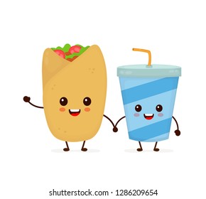 Cute funny smiling happy buritto and soda water cup.Vector flat cartoon character illustration icon design. Isolated on white background.Fast food, mexican cafe menu, buritto and soda cup concept