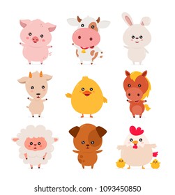 Cute funny smiling happy farm animals set. Vector flat cartoon character illustration icon desgin. Isolated on white background. Pets, farm anumals and birds. Pig,cow,chicken,duck,horse,bunny,goat,dog