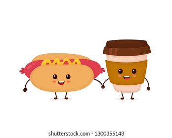 Cute funny smiling happy hot dog and coffee paper cup.Vector flat cartoon character illustration icon design. Isolated on white background.Fast food, cafe menu, hot dog and coffee paper cup concept