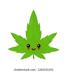 Cute Funny Smiling Happy Marijuana Weed Green Leaf Face. Vector Flat Cartoon Character Illustration Icon Design. Isolated On White Background.Weed, Marijuana. Ganja, Medical And Recreation Cannabis