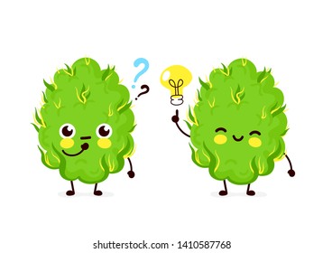 Cute funny smiling happy marijuana weed bud with question mark and idea.Vector flat cartoon character illustration icon design. Isolated on white background.Weed bud,marijuana,medical cannabis concept