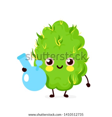 Cute funny smiling happy marijuana weed bud smoke bong.Vector flat cartoon character illustration icon design. Isolated on white background.Weed bud ,bong,marijuana,medical cannabis concept