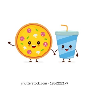 Cute funny smiling happy pizza and soda water cup.Vector flat cartoon character illustration icon design. Isolated on white background.Fast food, cafe kids menu, pizza and soda cup concept
