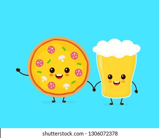 Cute funny smiling happy pizza and glass of beer.Vector flat cartoon character illustration icon design. Fast food, cafe,bar,pub menu, pizza and glass of beer concept