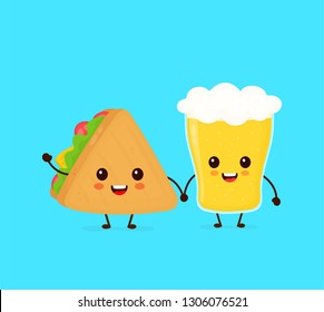 Cute funny smiling happy sandwich and glass of beer.Vector flat cartoon character illustration icon design.Fast food, cafe,bar,pub menu, sandwich and glass of beer concept
