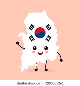 Cute funny smiling happy South Korea map and flag character. Vector cartoon character illustration icon design. South Korea map outline concept