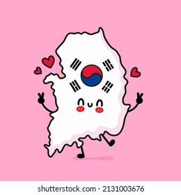 Cute funny smiling happy South Korea map and flag character. Vector cartoon character illustration icon design. South Korea map outline concept
