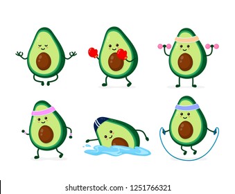 Cute funny smiling happy strong avocado health,fitness,fit set.Vector cartoon character illustration.Avocado yoga meditate,fit,gym,sport cardio,weightlifting,eating healthy food,doing workout concept
