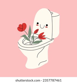 Cute funny smiling happy toilet bowl. Vector flat cartoon character illustration icon design. Isolated on pink background. Vector stock illustration.