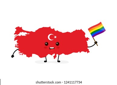 Cute funny smiling happy Turkey map and flag character with rainbow LGBT gay flag. Vector cartoon character illustration icon design. Turkey Human rights. LGBTQ. Gay pride concept