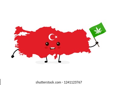 Cute funny smiling happy Turkey map and flag character with cannabis marijuana flag. Vector cartoon character illustration icon. Turkey marijuana weed, medical recreational cannabis concept
