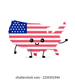 Cute funny smiling happy USA map and flag character. Vector cartoon character illustration icon design. USA map outline concept