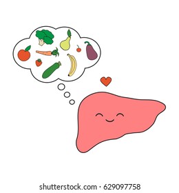 Cute and funny, smiling human liver character thinking healthy foods cartoon vector concept illustration isolated on white background
