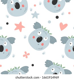 Cute funny smiling koala bear. Animals smile. Hand drawn kids illustration. Seamless vector pattern. Background for fabric prints. Stars and hearts.  Pencil texture. Childish drawing.