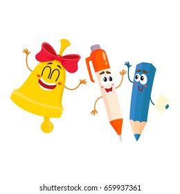 Cute, funny smiling pen, pencil, golden bell characters, back to school concept, cartoon vector illustration isolated on white background.  