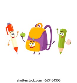 Cute and funny smiling pen, pencil, backpack characters, back to school concept, cartoon vector illustration isolated on white background. Happy school characters, mascots - school bag, pen and pencil