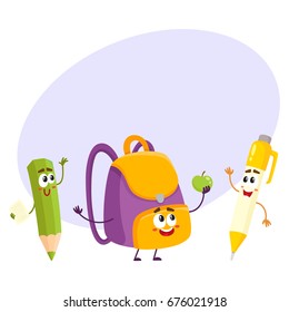 Cute and funny smiling pen, pencil, backpack characters, back to school concept, cartoon vector illustration with space for text.