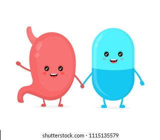 Cute funny smiling pill and healthy happy stomach.Healthcare,medical,friends,pill concept. Vector flat cartoon character icon design. Isolated on white background. Stomach healths treatment,  therapy