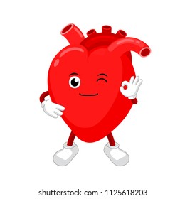Cute and funny, smiling red heart character. Human internal organ mascot showing okay hand sign. Healthcare concept, vector illustration isolated on white background.