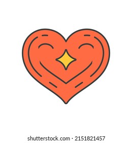 Cute funny smiling red heart shape with yellow nose glow star pop art groovy style fashion t shirt print vector cartoon illustration. Lovely character symbol of love pretty tenderness sticker design