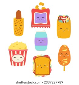 cute funny smiling snacks set, cartoon flat vector character illustration isolated on white, fast food concept of sandwich, chips, french hot dog, pop corn, burrito, corn dog and can of drink