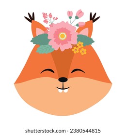 Cute funny smiling squirrel face. Cartoon forest animal with flowers. Vector illustration isolated on white background