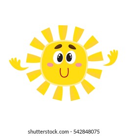 Cute and funny smiling sun with big eyes and hands, cartoon vector illustration isolated on white background. Cheerful sun character, symbol of summer season, hot weather and vacation at the sea