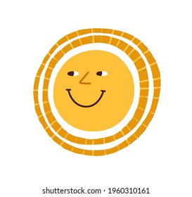 Cute funny smiling sun. Happy hot summer weather icon. Childish Scandinavian doodle drawing. Positive sunny character. Colored flat graphic vector illustration isolated on white background