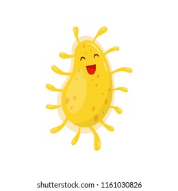 Cute funny smiling yellow microbe, humanized bacteria cartoon character vector Illustration on a white background
