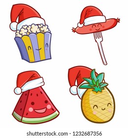 Cute and funny snacks wearing Santa's hat for christmas celebration - vector