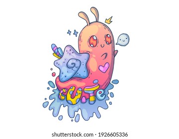 Cute funny snail. Creative cartoon illustration. Picture for print, advertising, applications and T-shirt print.