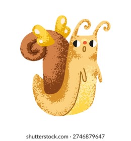 Cute funny snail, surprised emotion, looking at butterfly wings. Fairytale slug, hybrid animal in transformation, change. Kawaii garden nature. Flat vector illustration isolated on white background