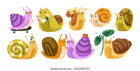 Caracoles graciosos, babosas lentas. Animales delgados, personajes de bebés alegres kawaii con conchas de espiral, cuernos. Fauna infantil. Niños niños niños ilustraciones vectoriales planas aisladas en fondo blanco