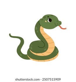 Cute funny snake with big eyes and cheeks. Green reptile with a yellow striped abdomen. Kawaii character. Wild animal. Cartoon style. Vector illustration isolated on white background.