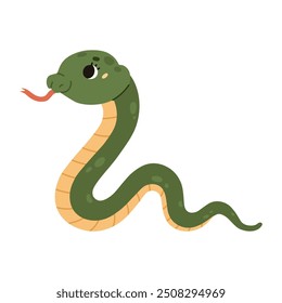 Cute funny snake with big eyes and cheeks. A satisfied green reptile with a yellow striped belly crawls. Kawaii character. Wild animal. Cartoon style. Vector illustration isolated on white background.