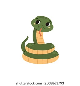 Cute funny snake with big eyes and cheeks. A contented green reptile with a yellow striped belly. The snake curled up in coils. Kawaii character. Wild animal. Cartoon style. Vector illustration.