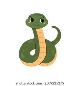 Serpiente divertida linda con ojos grandes. Un reptil verde manchado con un vientre rayado amarillo. La serpiente se enrolló en espirales. Carácter kawaii. Animal salvaje. Estilo de dibujos animados. Ilustración vectorial.