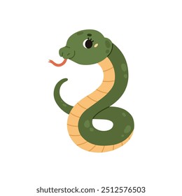 Cute funny snake with big eyes, cheeks and a long tongue. Green reptile with a yellow striped abdomen. Snake baby. Kawaii character. Wild animal. Cartoon style. Vector illustration.