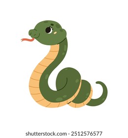 Cute funny snake with big eyes, cheeks and a long tongue. Profile pose. Green reptile with a yellow striped abdomen. Kawaii character. Wild animal. Vector illustration isolated on white background.